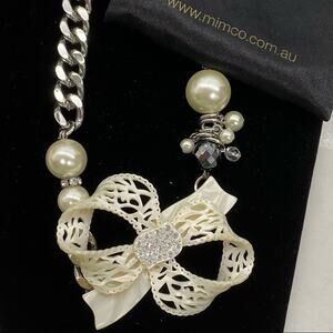 Mimco Diamante Bow Necklace Chunky Silver tone Pearl Whimsigoth coquette y2k